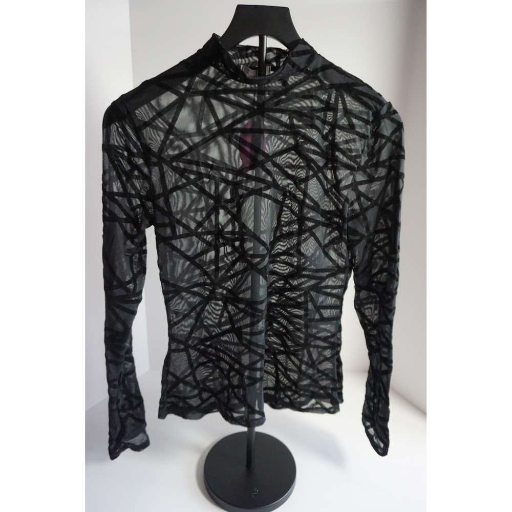 Avidlove Women Black Sheer Mesh Geometric Velvet Burnout Mock Neck Top NWT L - Picture 13 of 13